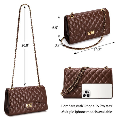 Quilted Leather Crossbody Bags for Women Trendy Ladies Shoulder Purse Satchel HandBag with Chain Strap