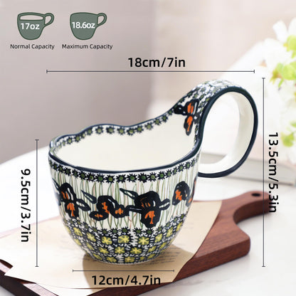 ALMA Handpainted Microwavable Soup Bowl with Loop Handle 18.6oz, Cereal Bowl With Handle Great for Berry, Fruits, Chili, Stew, Ice cream,Floral Soup Mug for Women
