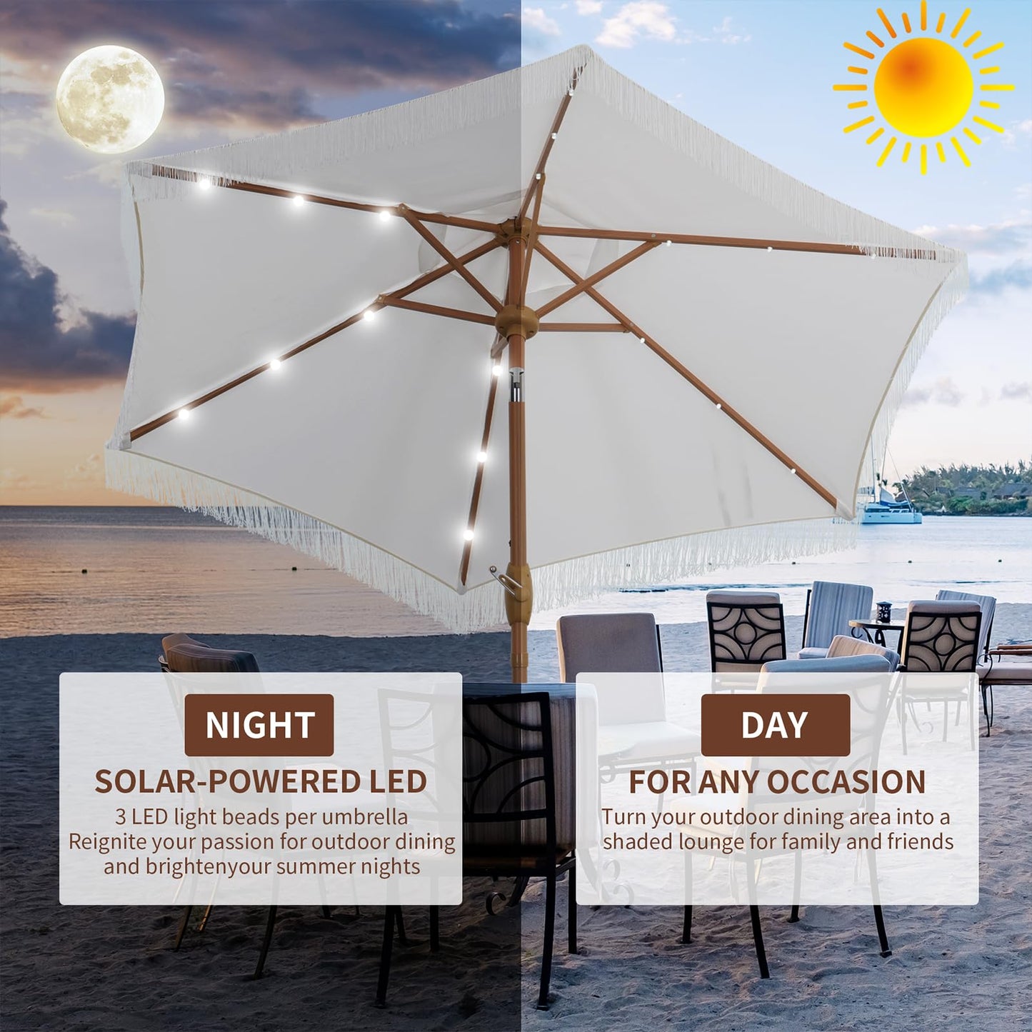 GDY 7.5ft Tassel Patio Umbrella and Matching Base, Outdoor Table Umbrella with 18 LED Lights,Market Umbrella with 6 Sturdy Ribs, with Push Button Tilt and Crank, Bright White