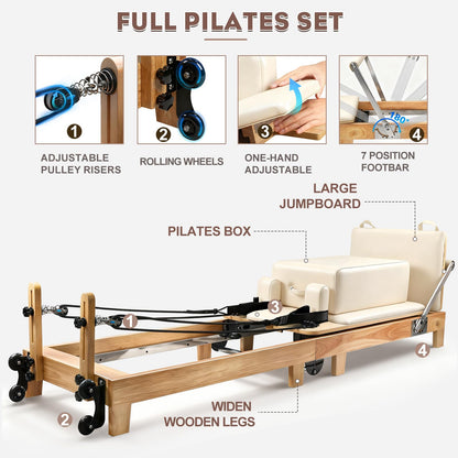 Pilates Reformer Machine, Foldable Oak Wood Pilates Reformer, Studio-Grade Pilates Equipment, 5-Spring Resistance Pilates Trainer, Home Gym Pilates Machine, Full Body Workout Pilates Reformer