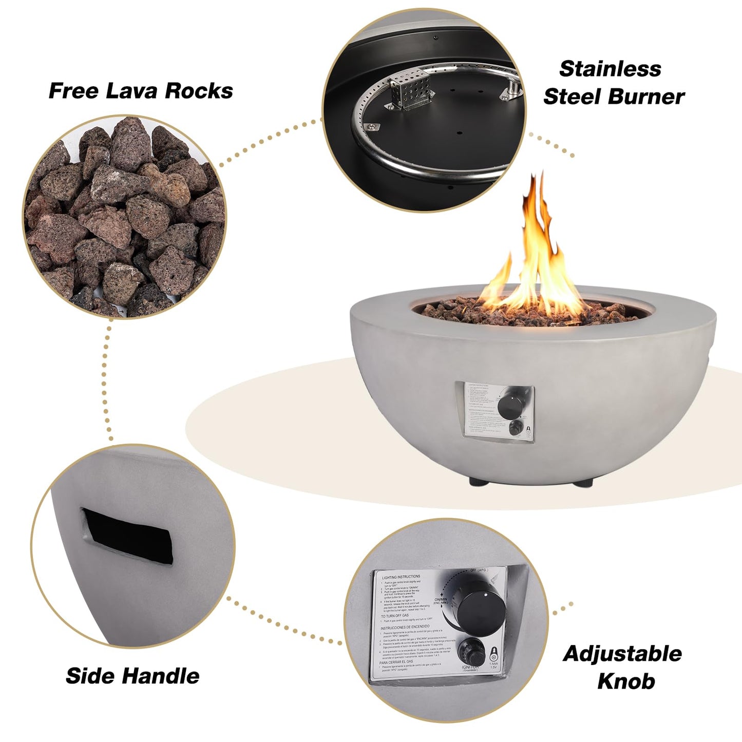 31.5 Inch Round Propane Fire Pit Table - Concrete Round Fire Bowl 50,000 BTU Natural Gas Firepit Burner with Steel Lid, Lava Rocks, Waterproof Cover for Outside Patio, Backyard, Party