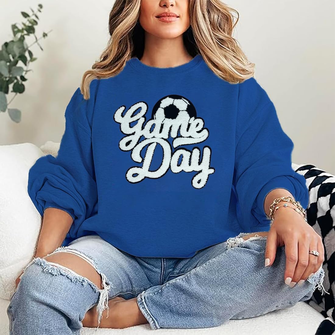 Game Day Soccer Sweatshirt Women Soccer Season Chenille Patch Pullover Top Causal Long Sleeve Football Top