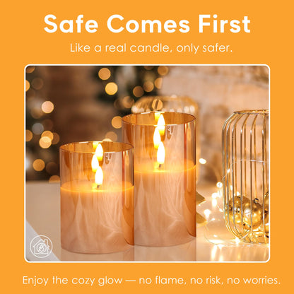 Eywamage Smoke Grey Glass Flameless Pillar Candles with Remote, Flickering LED Battery Candles Table Decor Set of 3