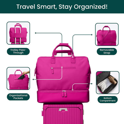 Nobl Travel Weekender Bag for Women & Men, Large Carry-On Duffel, Hot Pink