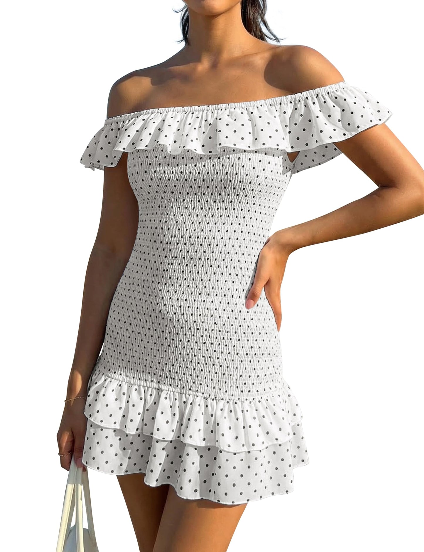 FOMELY Women's Polka Dot Off Shoulder Mini Dress Summer Ruffle Hem Smocked Bodycon Vacation Short Dresses 2026