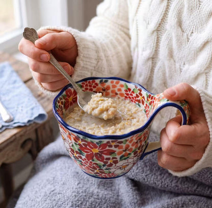 ALMA Handpainted Microwavable Soup Bowl with Loop Handle 18.6oz, Cereal Bowl With Handle Great for Berry, Fruits, Chili, Stew, Ice cream,Floral Soup Mug for Women