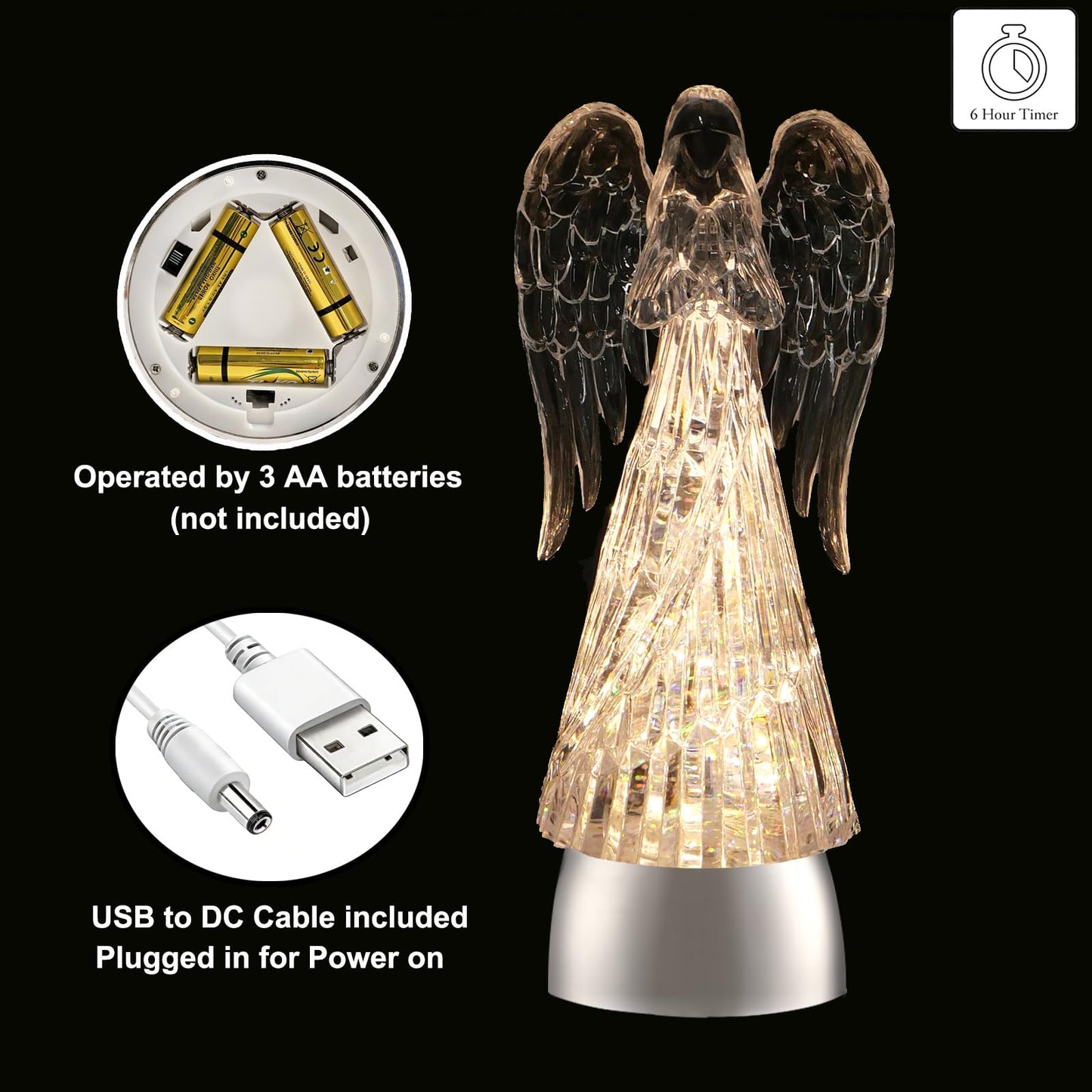 Lighted Acrylic Angel Figurines Swirling Glitter Globe, 6H Timer, Battery & USB Operated Angel Statue Decor Gifts for Mom Grandma Girls Women Birthday Friendship (9.5" Angel Praying Figurine)