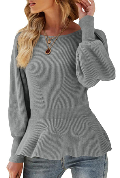 Womens Fall Puff Sleeve Peplum Casual Slim Fit Knit Pullover Sweater