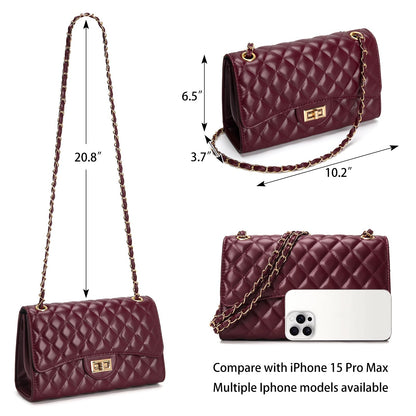 Quilted Leather Crossbody Bags for Women Trendy Ladies Shoulder Purse Satchel HandBag with Chain Strap