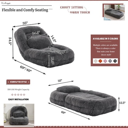 Upholstered Convertible Lounge Chair with 2 Soft Pillows