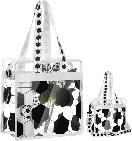 Soccer Clear Tote Gift Bag, 11.8x11.8x5.9 Inch Stadium Approved Waterproof Purse with Adjustable Strap for Women Mom