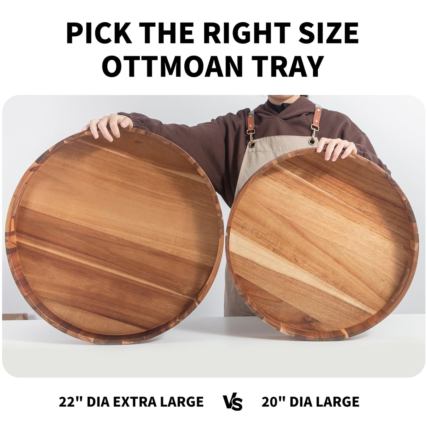 Extra Large 20INCH Premium Acacia Wood Tray Round Ottoman Tray with Handles Wooden Serving Tray Multi-Use for Dinner Breakfast in Bed Coffee Table Snack Entertaining Guests