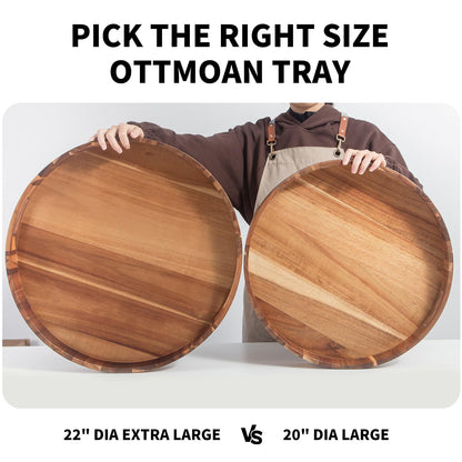 Extra Large 20INCH Premium Acacia Wood Tray Round Ottoman Tray with Handles Wooden Serving Tray Multi-Use for Dinner Breakfast in Bed Coffee Table Snack Entertaining Guests