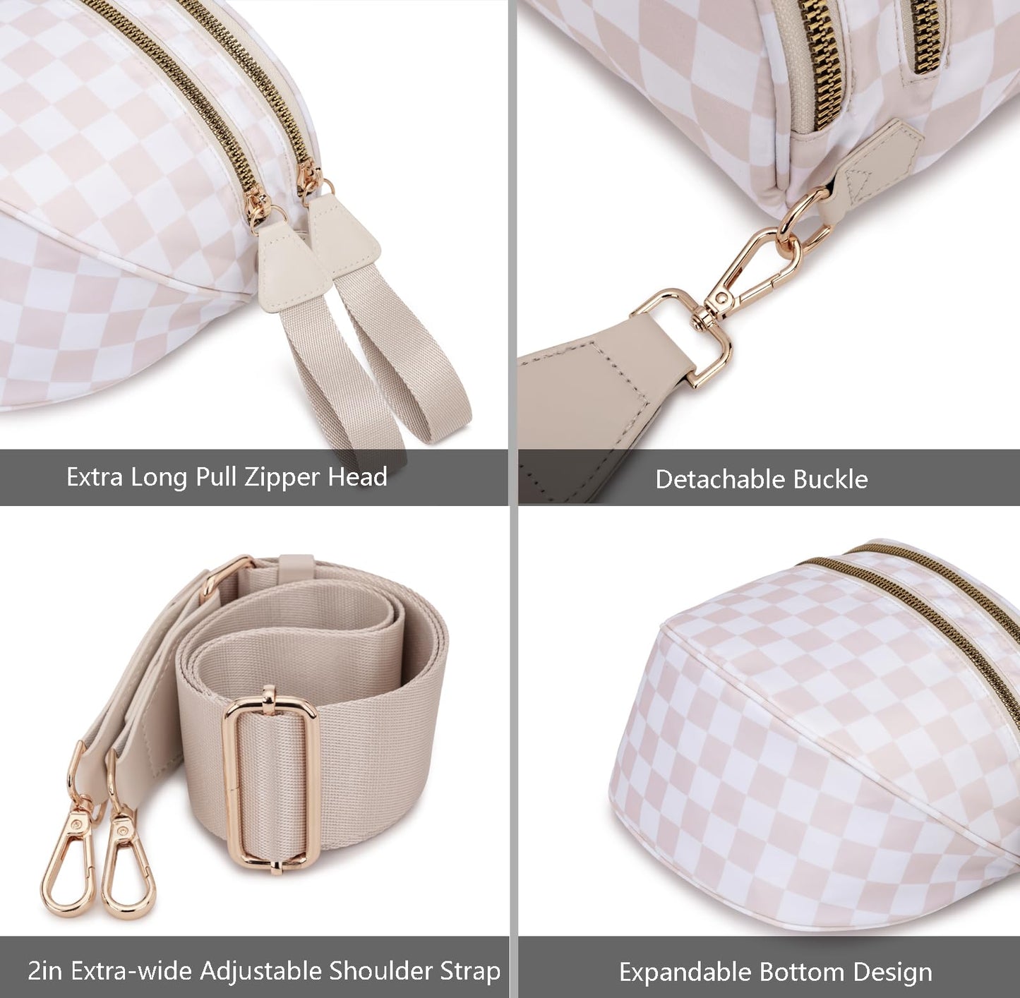Pure Colour Crossbody Bum Bags for Women Spacious Checkered Cross body Bag Nylon Trendy Fanny Pack for Travel
