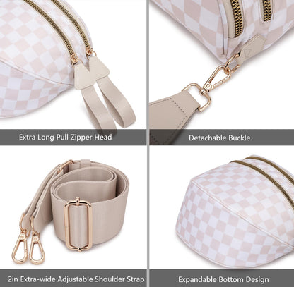 Pure Colour Crossbody Bum Bags for Women Spacious Checkered Cross body Bag Nylon Trendy Fanny Pack for Travel