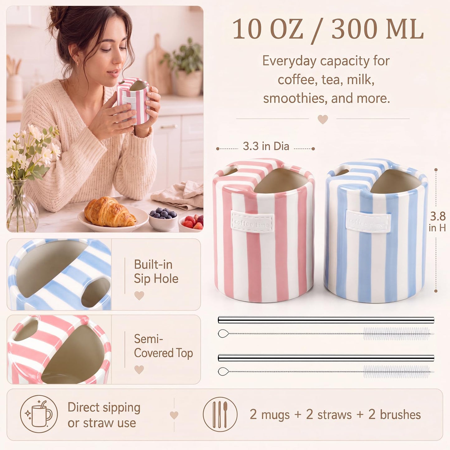 2 Pack Ceramic Mug with Sip Hole,