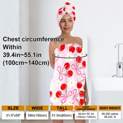 Strawberry Print Bath Wrap and Hair Drying Towel Set – Microfiber Quick Dry Shower Body Wrap for Women, Absorbent Spa Skirt with Elastic Band and Cute Bow Design (Strawberry 1)