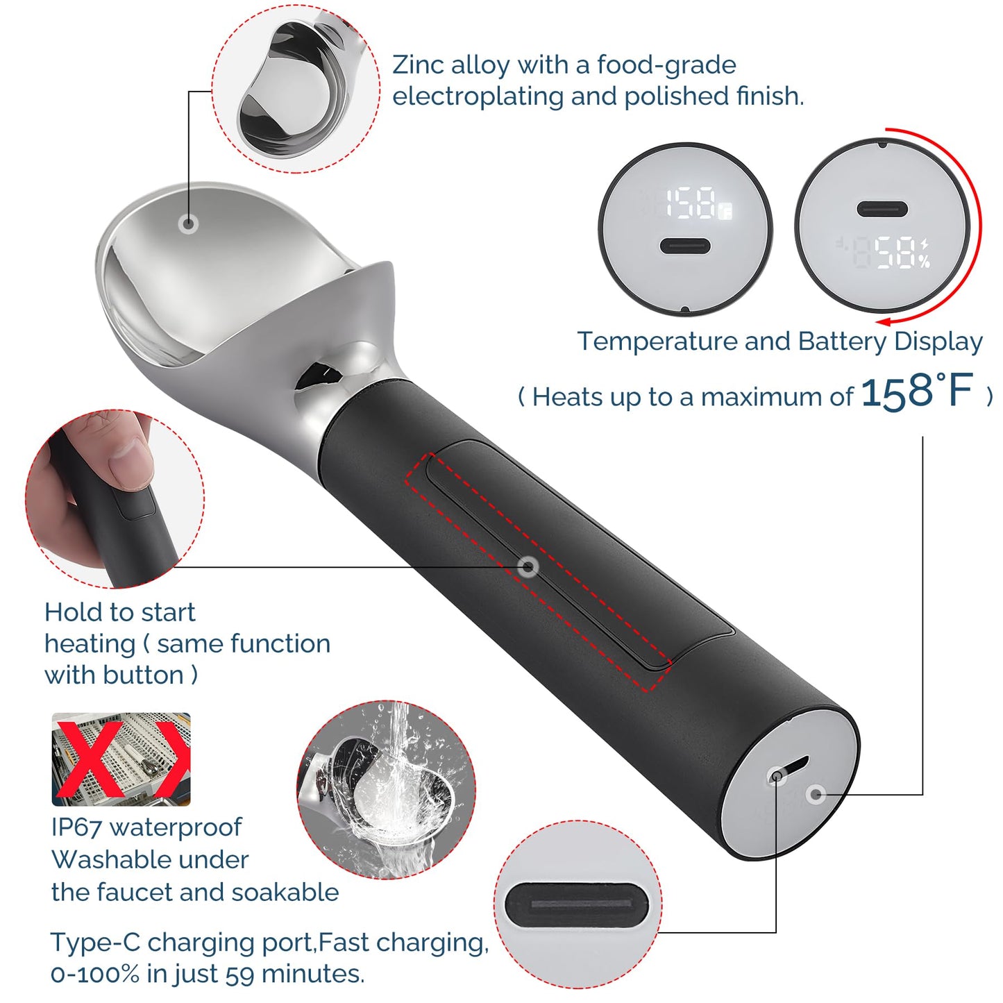 Heated Ice Cream Scoop Rechargeable, Electric Warming Ice Cream Scooper with LED Display, Heats to 158°F for Hard Ice Cream, Easy for Seniors & Kids, IP67 Waterproof (White, 2 oz)