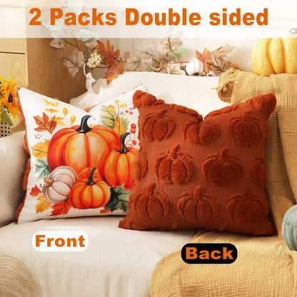 TOYPOPOR Halloween Decorations, 2 Packs Double Sided Ghost Pillow Covers, Soft Fur Throw Pillow Cases Indoor outdoor Pumpkin Couch Cushion Case for Fall Autumn Bedroom Living Room Home Decor 18''x18''