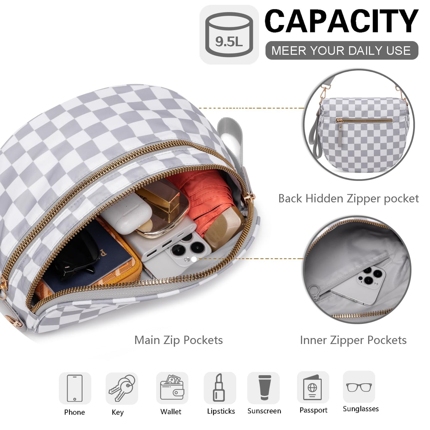Pure Colour Crossbody Bum Bags for Women Spacious Checkered Cross body Bag Nylon Trendy Fanny Pack for Travel