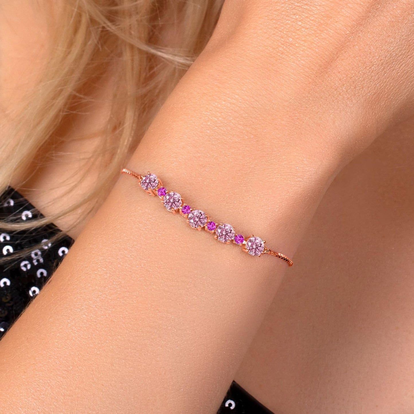 Gem Stone King Gemstone Birthstone and Pink Sapphire Tennis Bracelet 18K Rose Gold Plated Silver | Round 5MM and 2.5MM | Adjustable Bolo Design | Easy-On Easy-Off