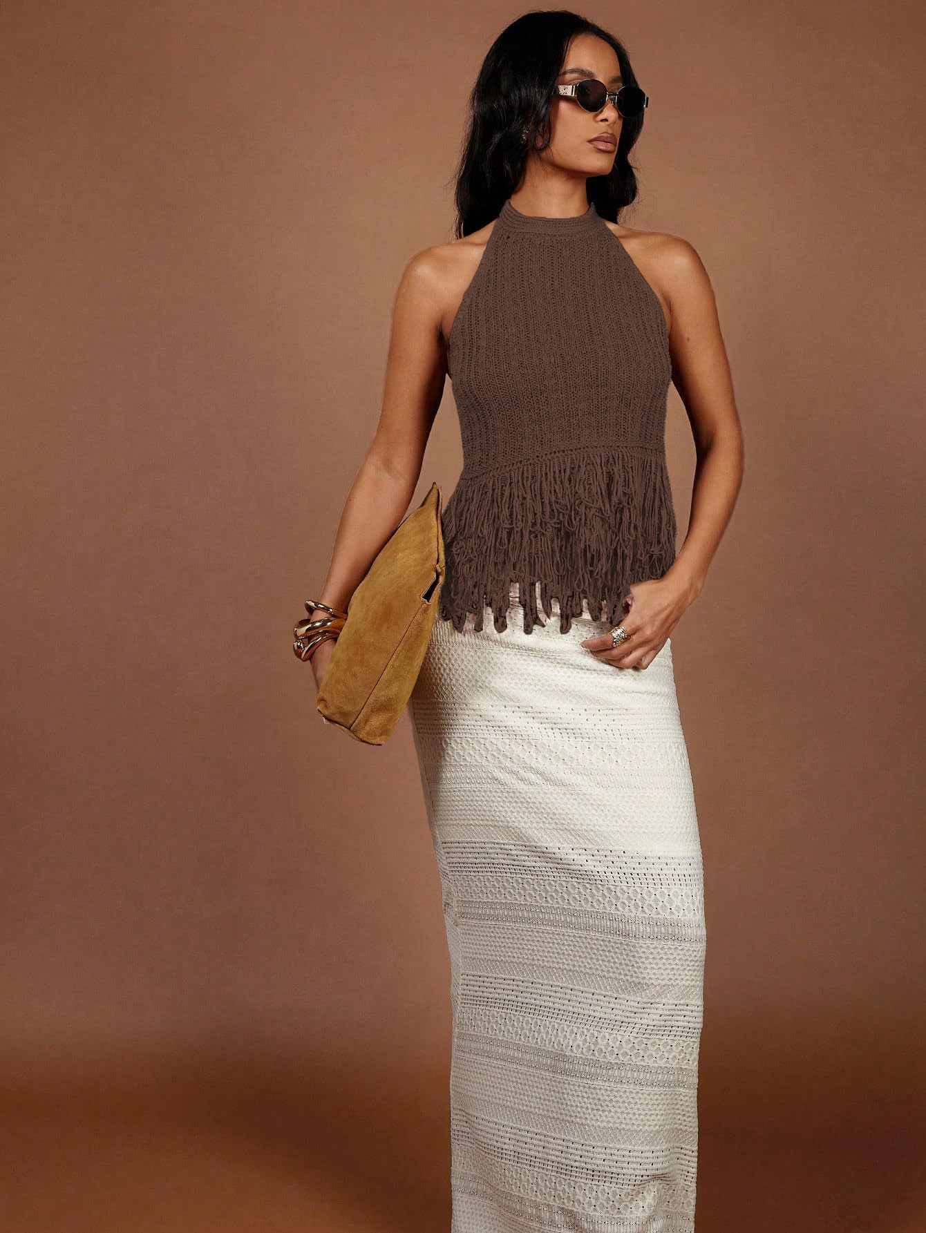 SweatyRocks Women's Boho Fringe Halter Tops Sleeveless Open Back Summer Knit Crochet Tank Top