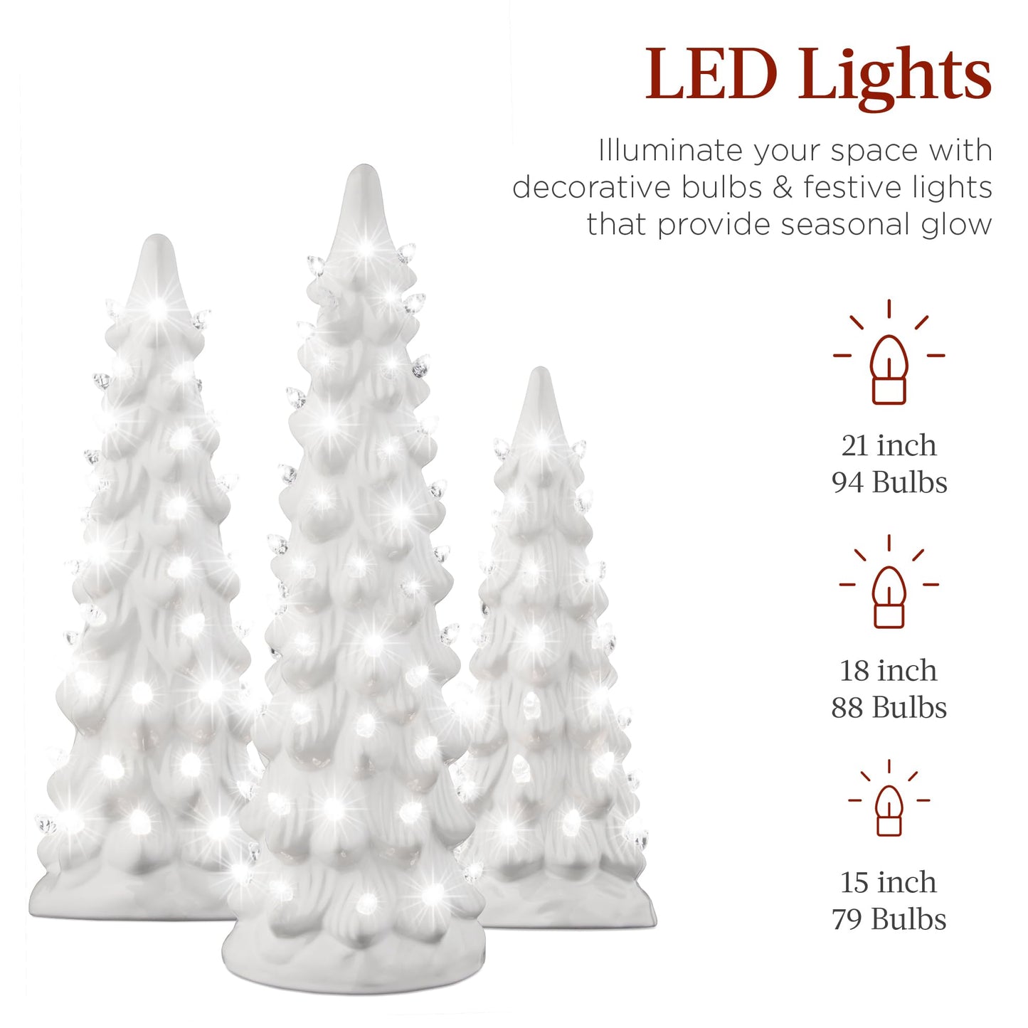 Best Choice Products Set of 3 Ceramic Christmas Trees, Pre-Lit Hand-Painted Tabletop Holiday Decoration w/Multicolor Bulbs, LED Lights – Green