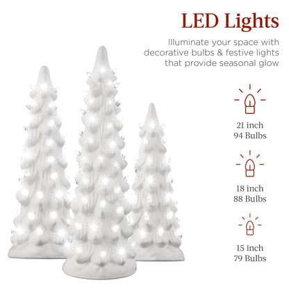 Best Choice Products Set of 3 Ceramic Christmas Trees, Pre-Lit Hand-Painted Tabletop Holiday Decoration w/Multicolor Bulbs, LED Lights – Green