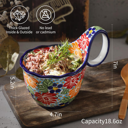 ALMA Handpainted Microwavable Soup Bowl with Loop Handle 18.6oz, Cereal Bowl With Handle Great for Berry, Fruits, Chili, Stew, Ice cream,Floral Soup Mug for Women