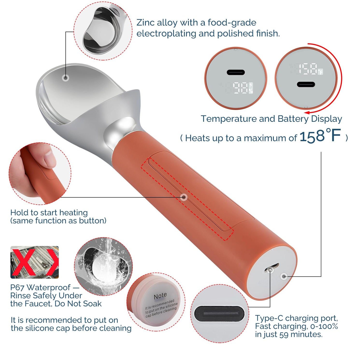 Heated Ice Cream Scoop Rechargeable, Electric Warming Ice Cream Scooper with LED Display, Heats to 158°F for Hard Ice Cream, Easy for Seniors & Kids, IP67 Waterproof (White, 2 oz)