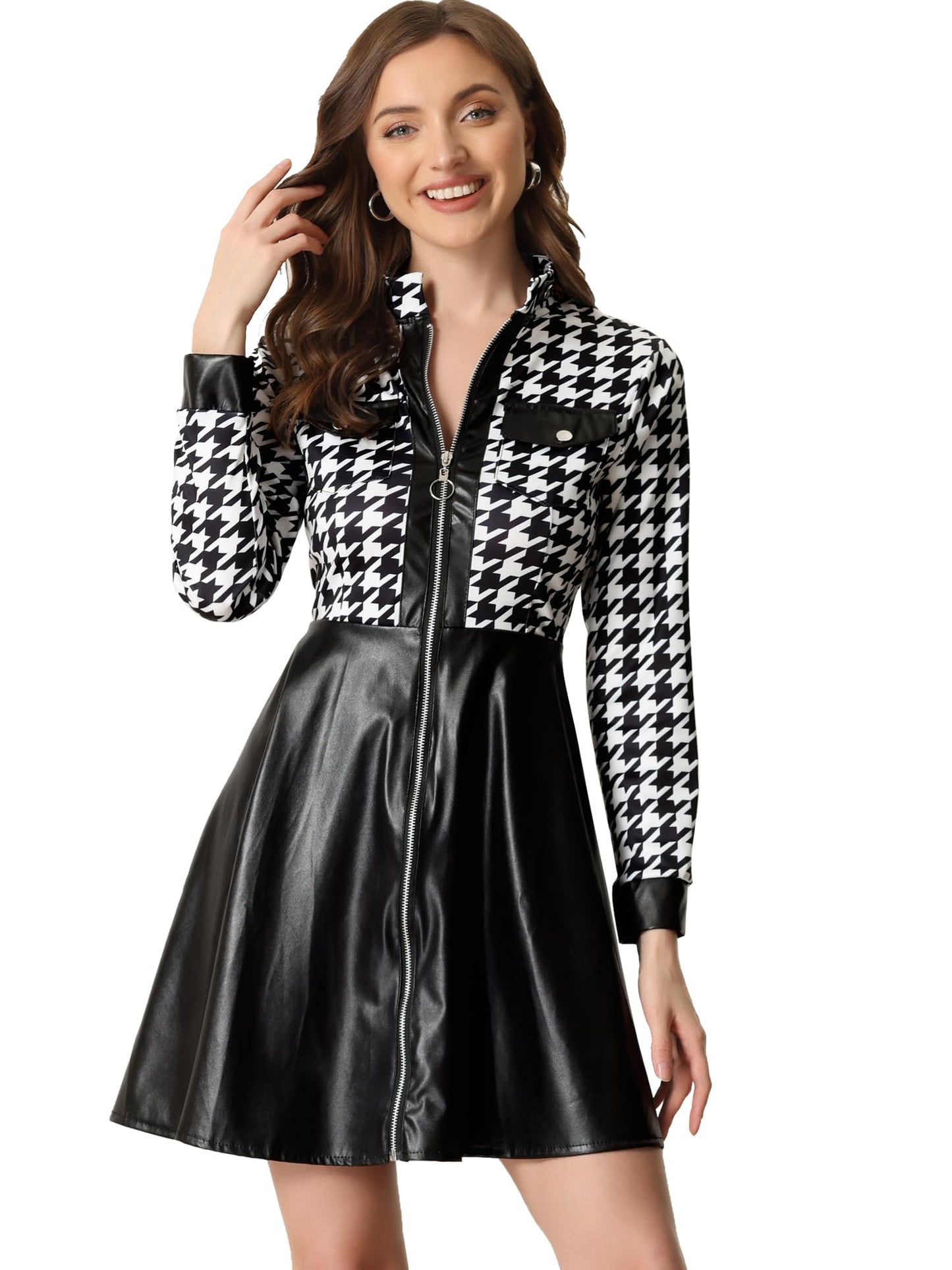 Allegra K Women's PU Faux Leather Houndstooth Patchwork Zipper Up Club Party A-Line Dress