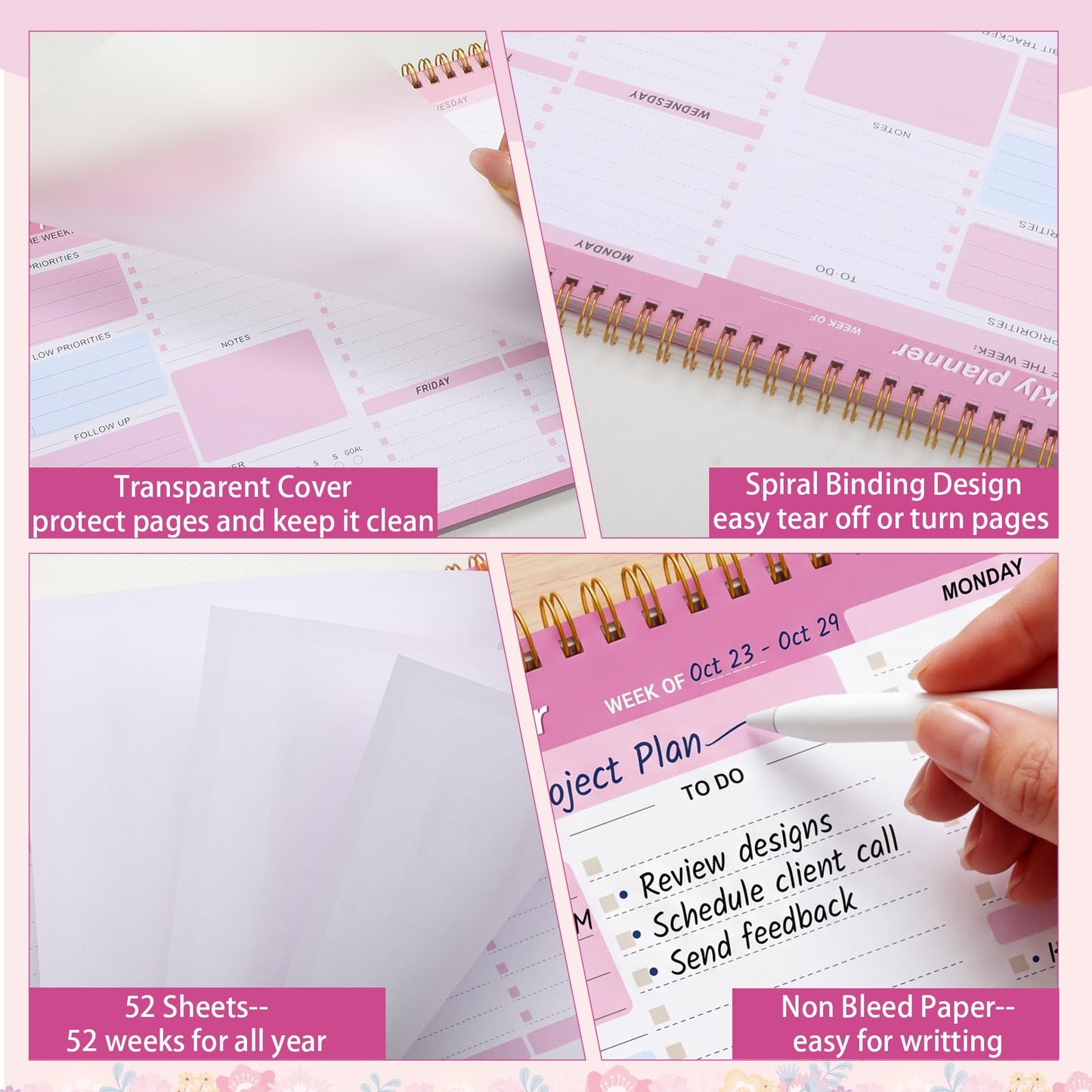Thboxes Weekly Desk Planner, 8.5x11 In To Do List Notepad, 52 Sheets, Pink | Productivity Organizer, Work from Home Essentials, Undated Tear Off Pages, Office, College, School, Student and Teacher Gifts