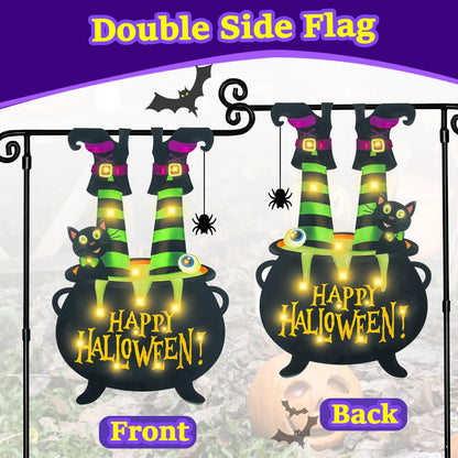 Halloween Lighted Garden Flag for Outside, Led Solar Yard Flag 8 Modes Witch Feet Shape Flag, 28x40 Double Sided Cauldron Eyeball Black Cat Decorations for Home Porch