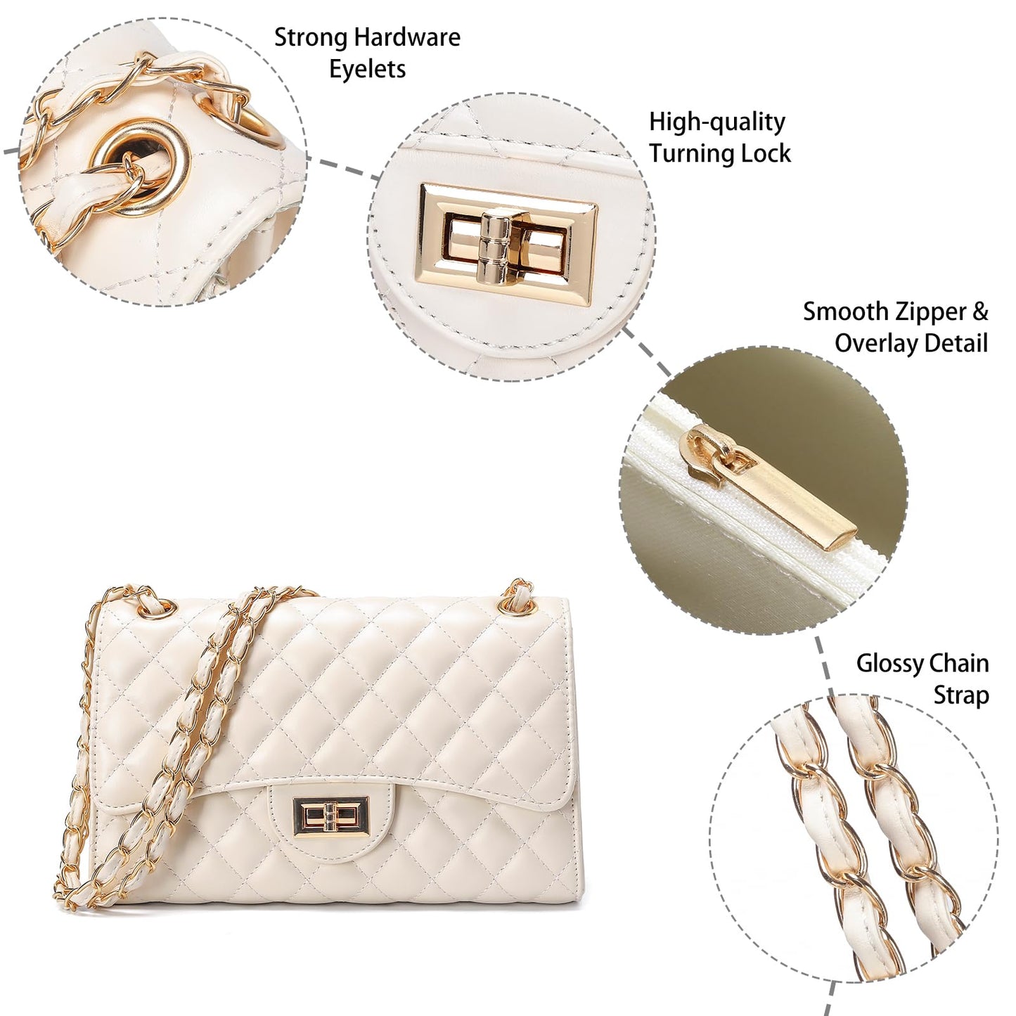 Quilted Leather Crossbody Bags for Women Trendy Ladies Shoulder Purse Satchel HandBag with Chain Strap