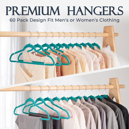 HOUSE DAY Black Velvet Hangers 60 Pack, Non Slip Clothes Felt Hanger Heavy Duty for Coat, Premium Slim Space Saving Suit Hangers for Closet Organizer, 360° Rotating Silver Hook