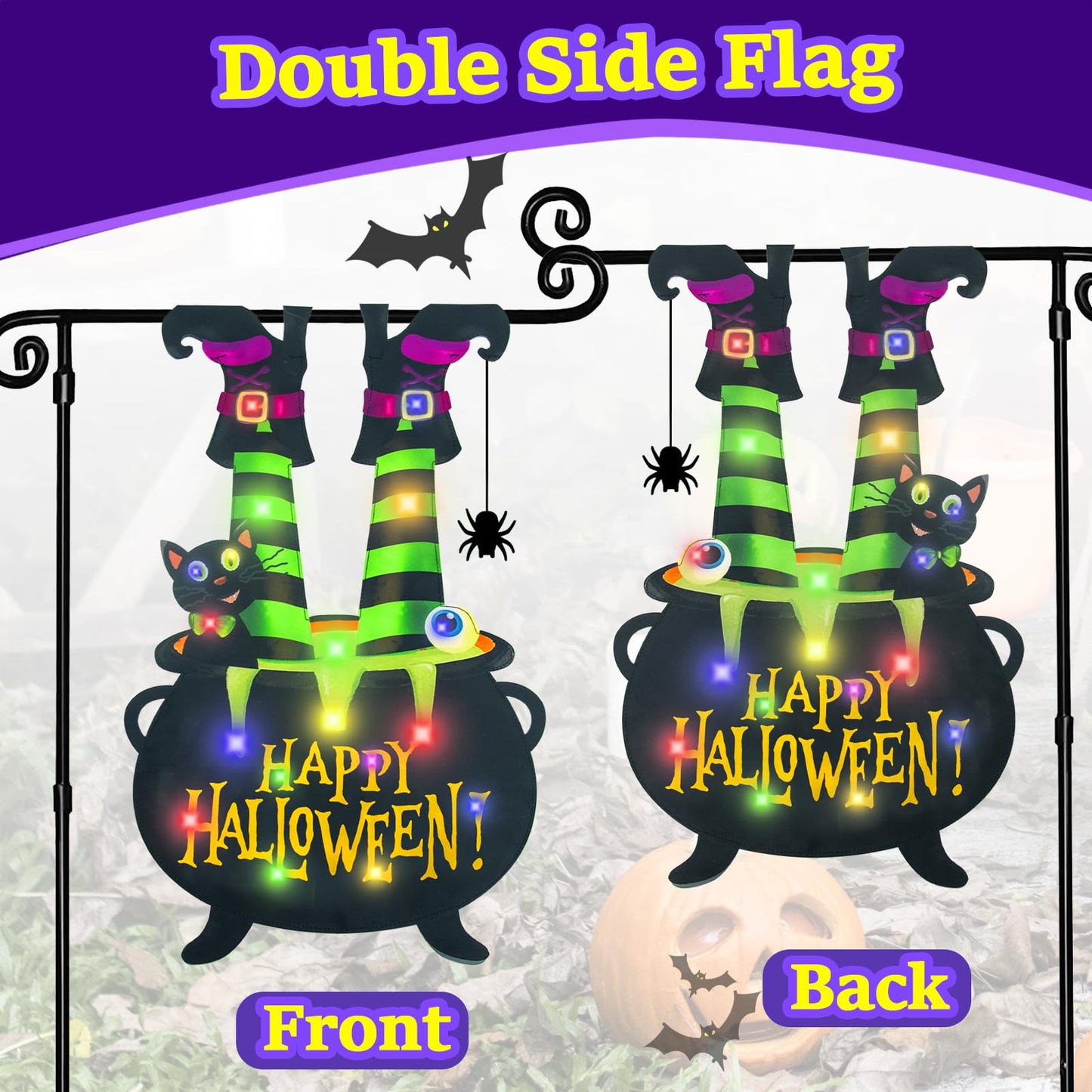 Halloween Lighted Garden Flag for Outside, Led Solar Yard Flag 8 Modes Witch Feet Shape Flag, 28x40 Double Sided Cauldron Eyeball Black Cat Decorations for Home Porch