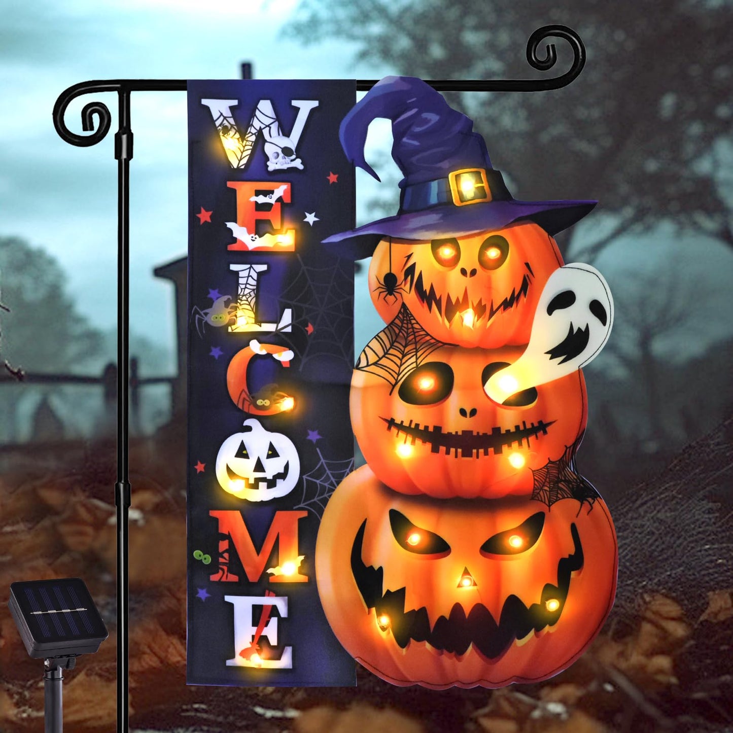 Halloween Lighted Garden Flag for Outside, Led Solar Yard Flag 8 Modes Witch Feet Shape Flag, 28x40 Double Sided Cauldron Eyeball Black Cat Decorations for Home Porch