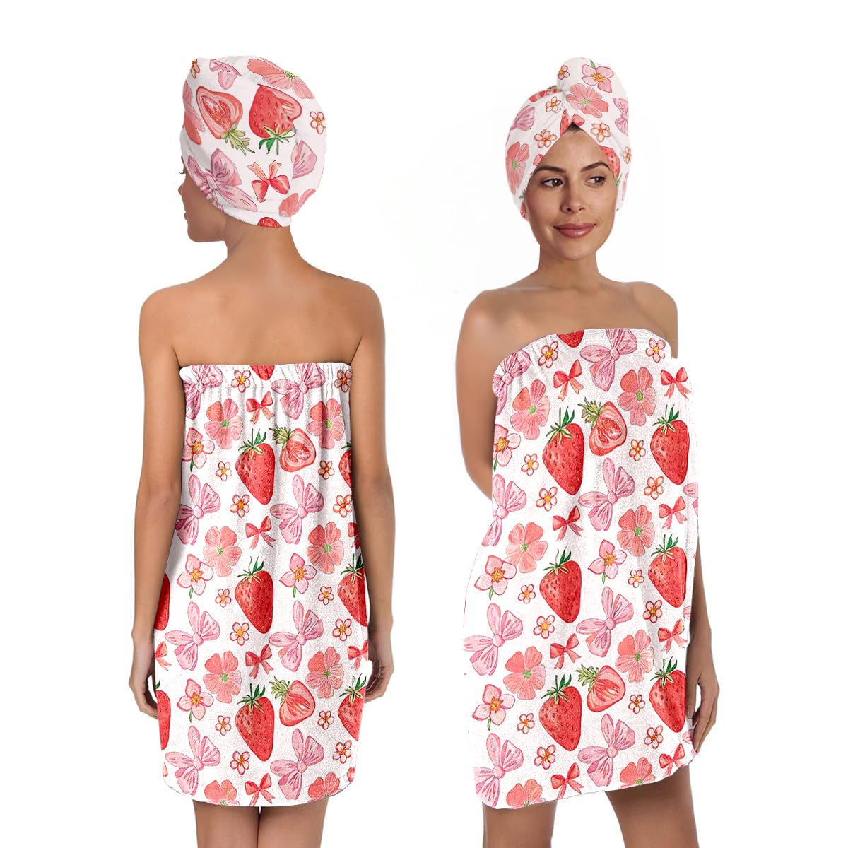 Strawberry Print Bath Wrap and Hair Drying Towel Set – Microfiber Quick Dry Shower Body Wrap for Women, Absorbent Spa Skirt with Elastic Band and Cute Bow Design (Strawberry 1)