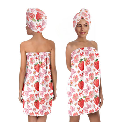 Strawberry Print Bath Wrap and Hair Drying Towel Set – Microfiber Quick Dry Shower Body Wrap for Women, Absorbent Spa Skirt with Elastic Band and Cute Bow Design (Strawberry 1)