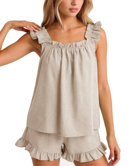 Flygo Striped Pajamas Set for Women Cotton 2 Piece Lounge Sets Ruffle Cami Top and Shorts Cute Summer Pj Sleepwear