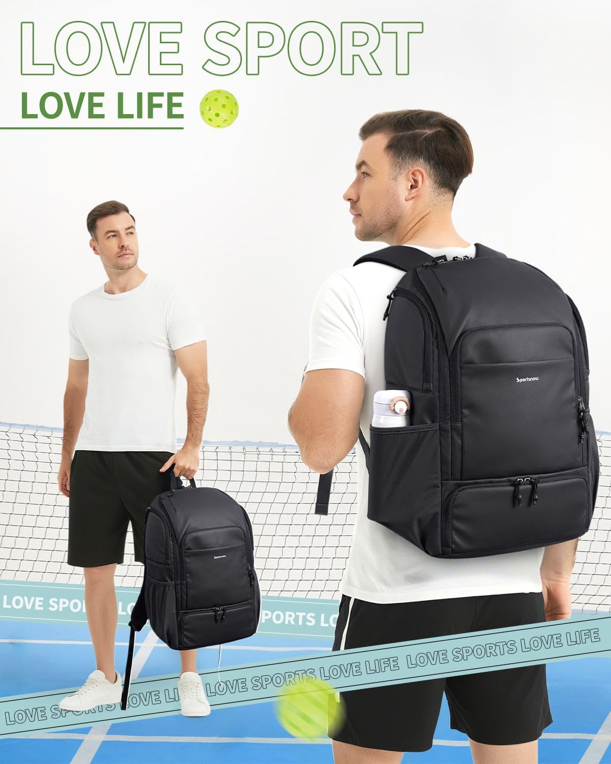 sportsnew Waterproof Pickleball Bag Men Women W/Shoe Compartment Fence Hook