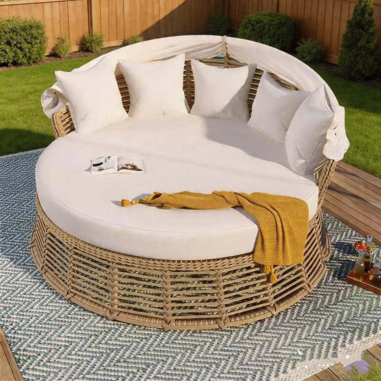 LUMISOL Outdoor Sunbed with Retractable Canopy, Outdoor PE Wicker Round Sectional Sofa with Separated Cushion Seats, Pillows and Removable Cushions for Patio, Backyard, Beige