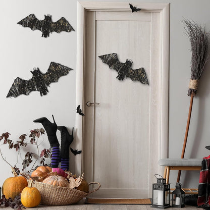 Glooglitter 2 Pack Rattan Bats with Hanging Loops Halloween Lights 3D Lit Woven Bats with Timer Remote for Rustic Modern Farmhouse Decorations