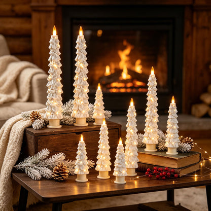 2 Pack White Christmas Tree LED Taper Candles, Flameless Flickering Candles with Copper String Lights, Upgraded Realistic Flame Effect, Battery Operated with Remote for Christmas Home Decoration