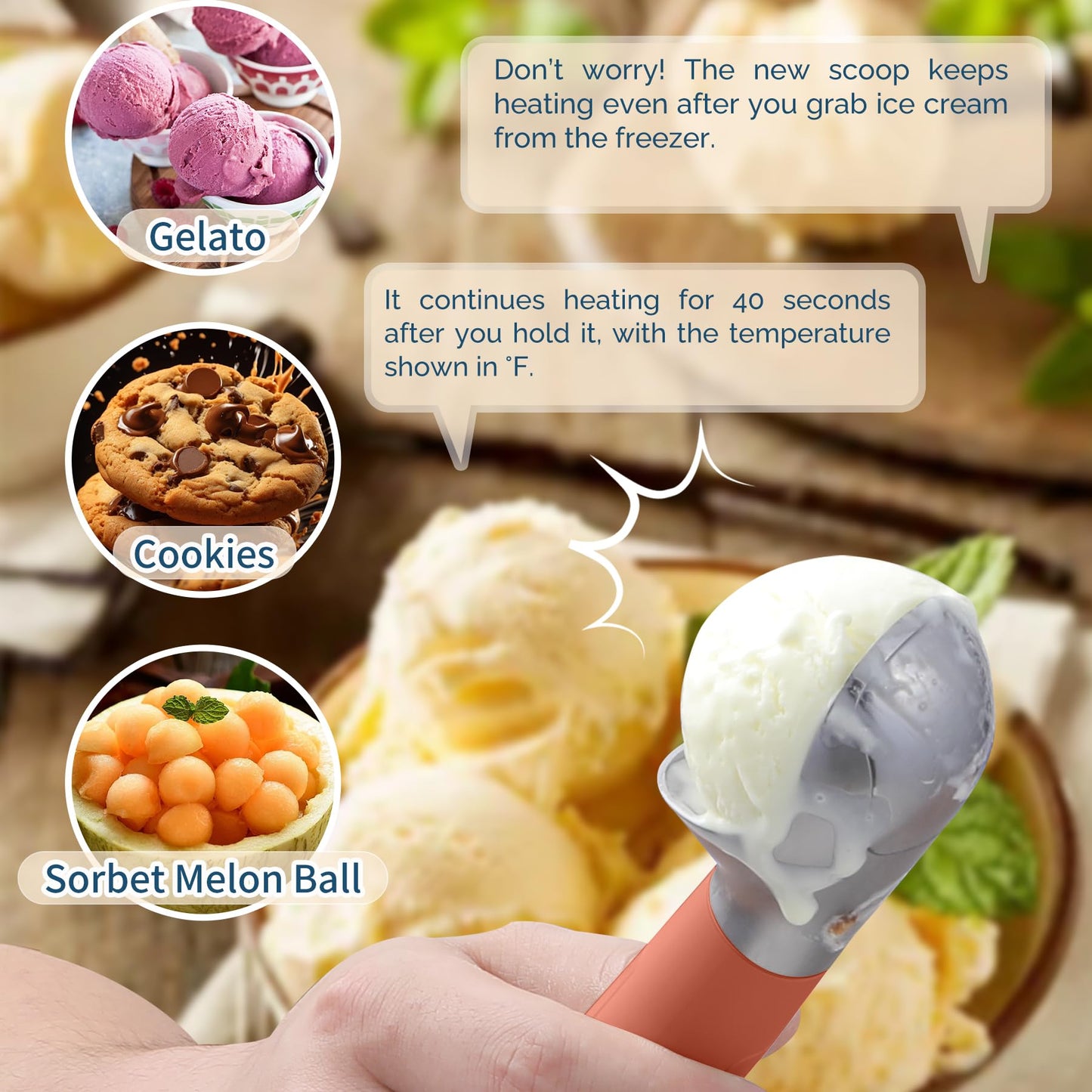 Heated Ice Cream Scoop Rechargeable, Electric Warming Ice Cream Scooper with LED Display, Heats to 158°F for Hard Ice Cream, Easy for Seniors & Kids, IP67 Waterproof (White, 2 oz)