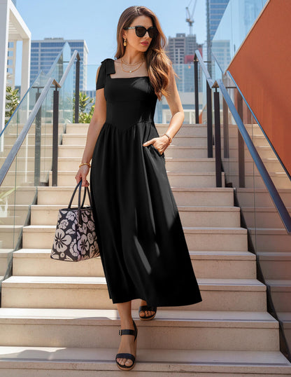 ZESICA Women's Summer Tie Shoulder Wedding Guest Maxi Dress