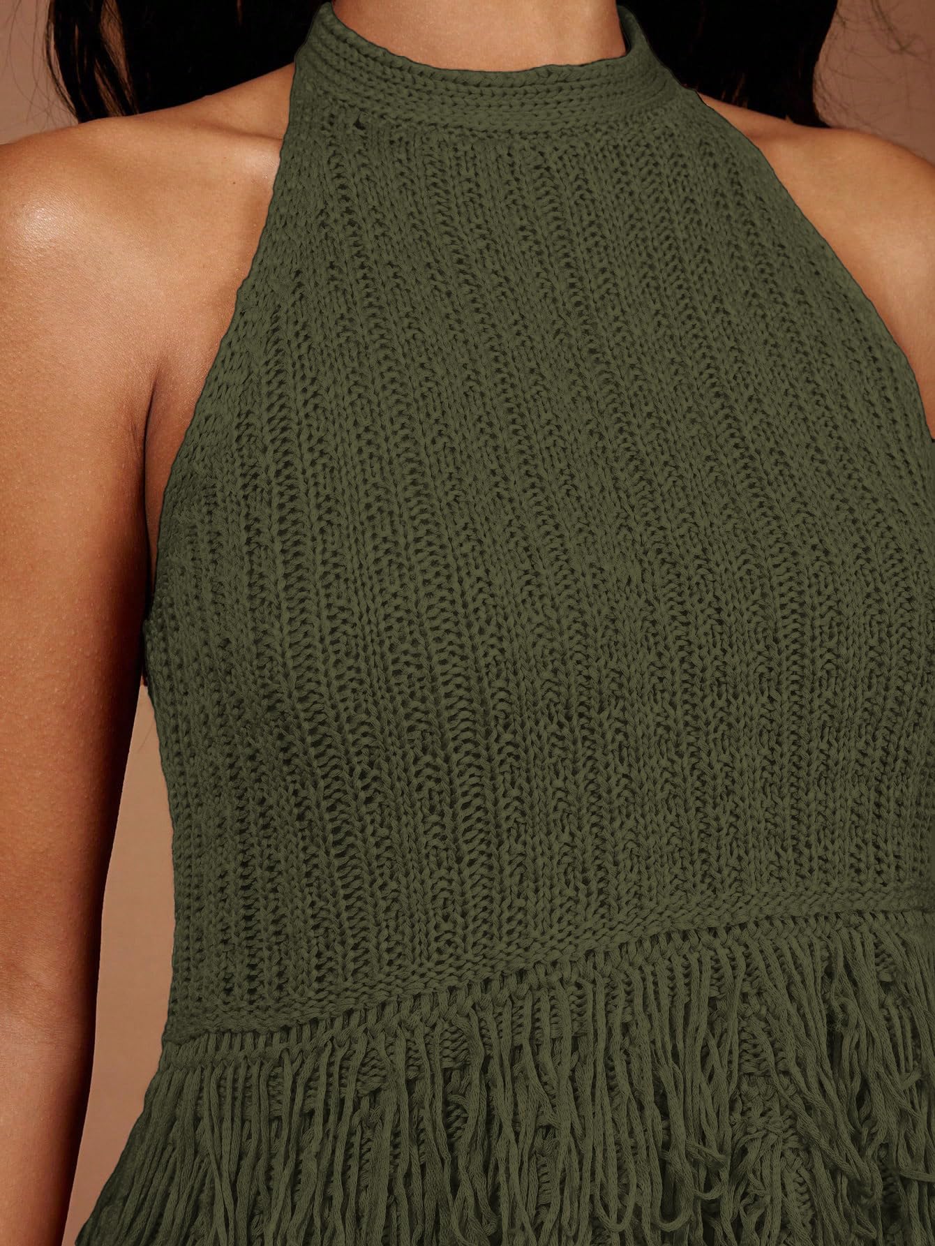 SweatyRocks Women's Boho Fringe Halter Tops Sleeveless Open Back Summer Knit Crochet Tank Top