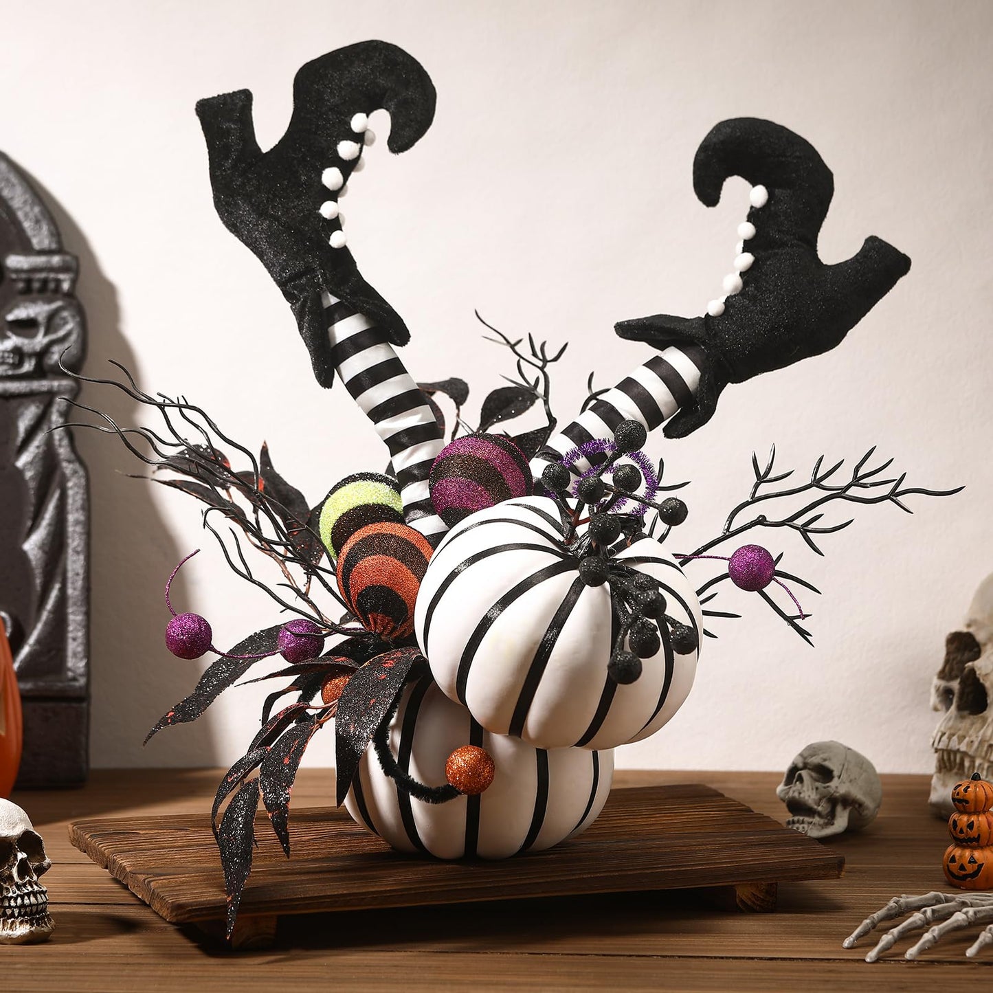 Daifunli Halloween Table Centerpieces Decorations Witch Boot and Pumpkin Artificial Flowers Halloween Tabletop Decorations for Home Kitchen Indoor Haunted Party Decoration 12x17 Inch
