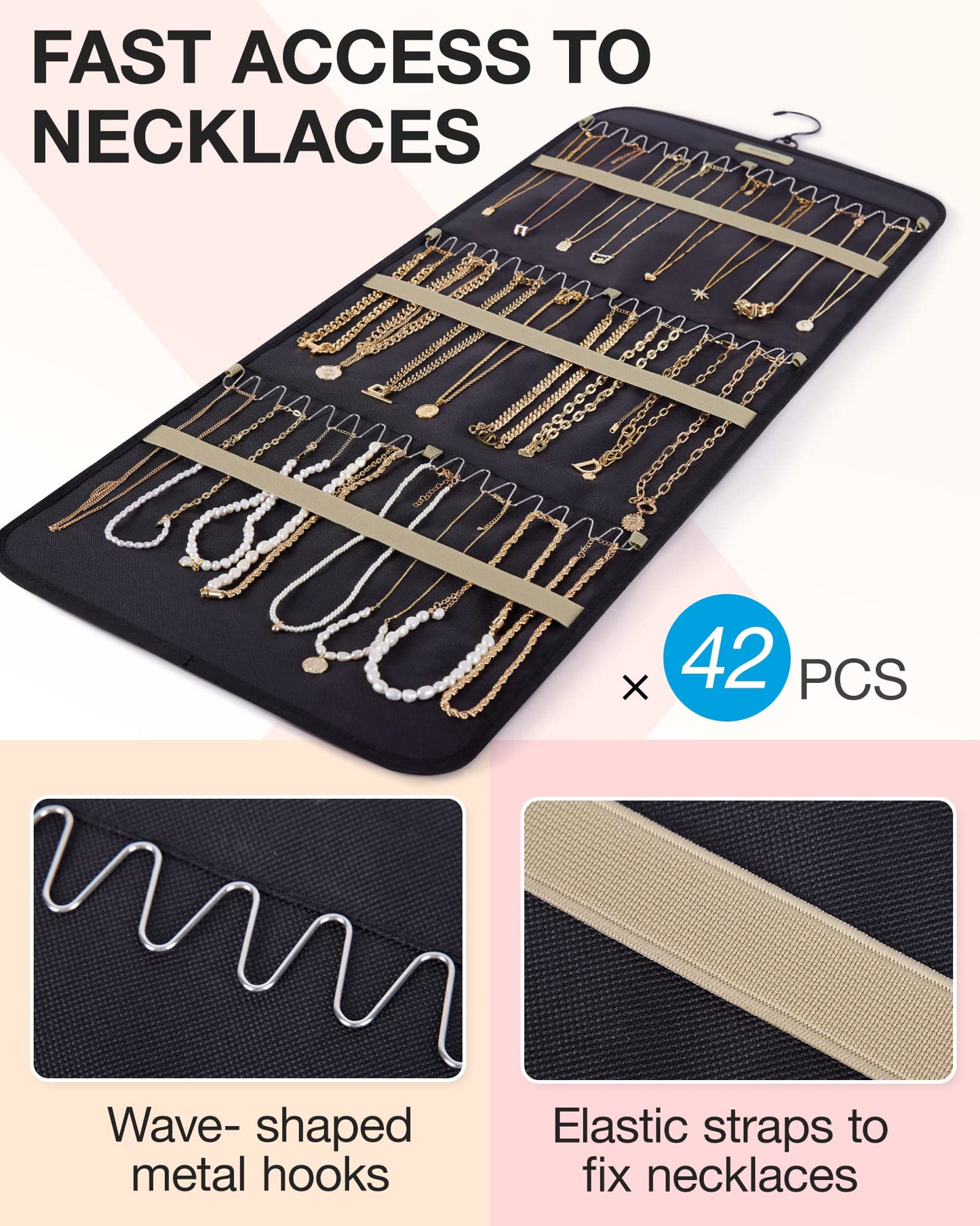 BAGSMART Hanging Jewelry Organizer Storage Roll with Hanger Metal Hooks Double-Sided Jewelry Holder for Earrings, Necklaces, Rings on Closet, Wall, Door, 1 piece, Medium, Pink