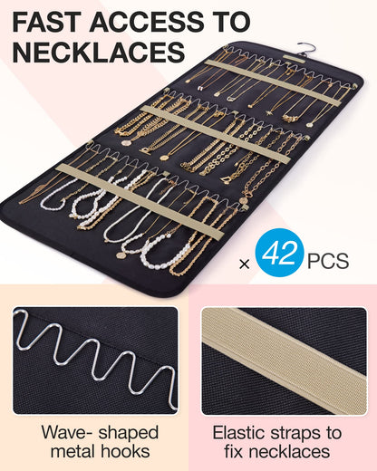 BAGSMART Hanging Jewelry Organizer Storage Roll with Hanger Metal Hooks Double-Sided Jewelry Holder for Earrings, Necklaces, Rings on Closet, Wall, Door, 1 piece, Medium, Pink